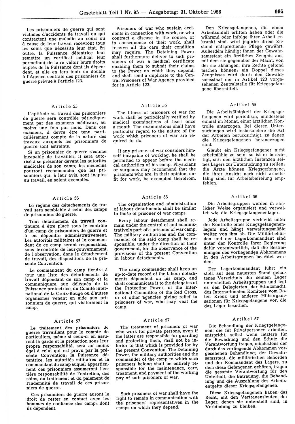 Gesetzblatt (GBl.) der Deutschen Demokratischen Republik (DDR) Teil Ⅰ 1956, Seite 995 (GBl. DDR Ⅰ 1956, S. 995)