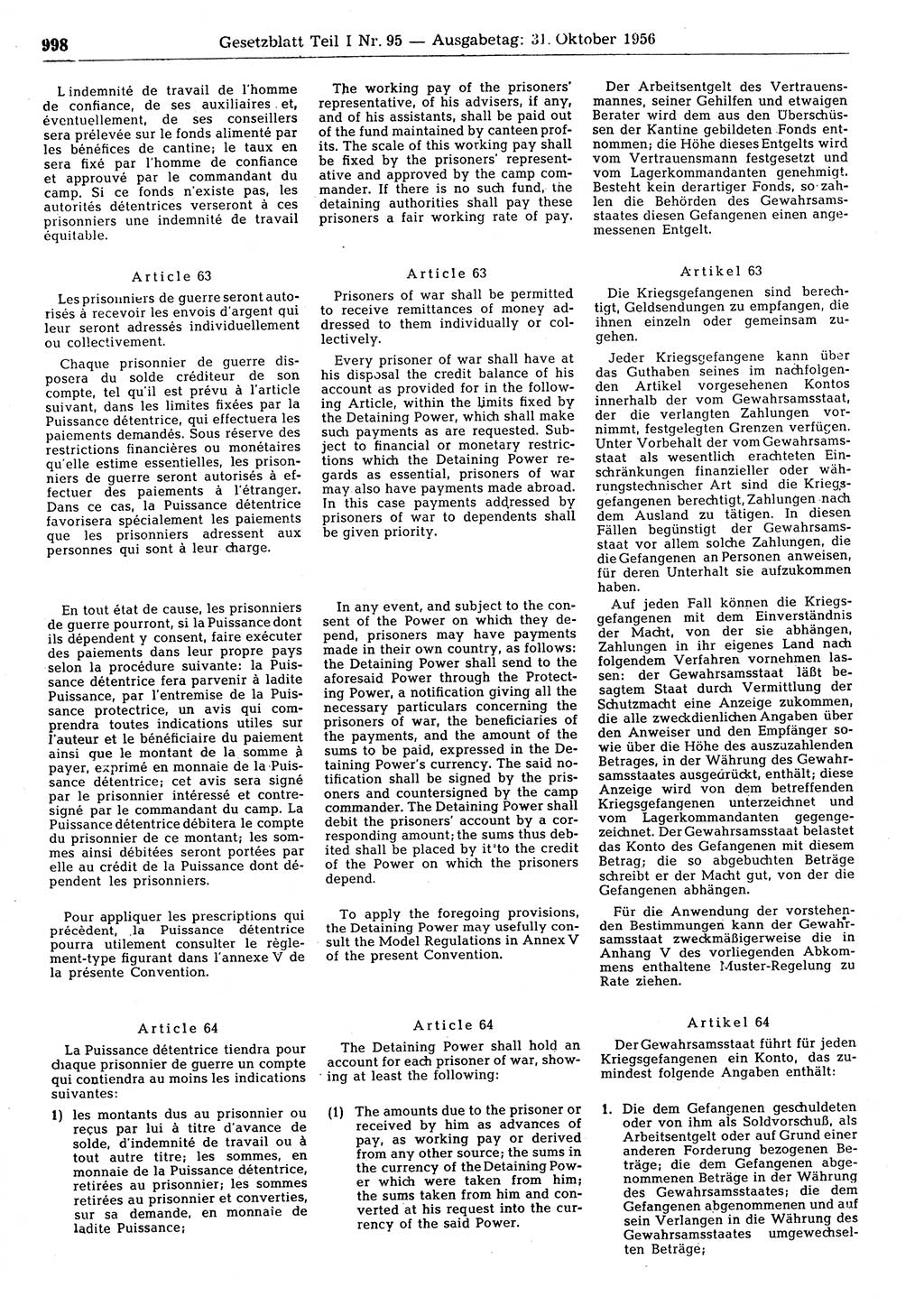 Gesetzblatt (GBl.) der Deutschen Demokratischen Republik (DDR) Teil Ⅰ 1956, Seite 998 (GBl. DDR Ⅰ 1956, S. 998)