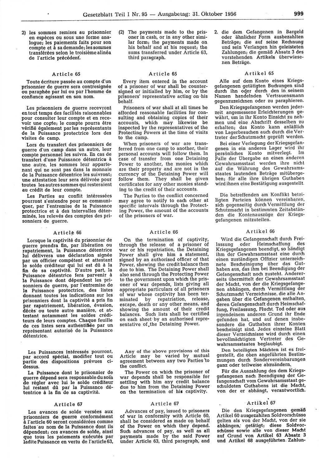 Gesetzblatt (GBl.) der Deutschen Demokratischen Republik (DDR) Teil Ⅰ 1956, Seite 999 (GBl. DDR Ⅰ 1956, S. 999)