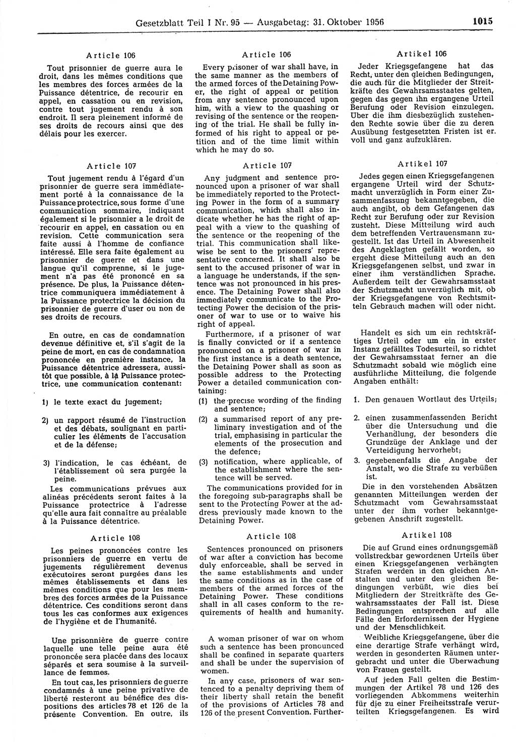 Gesetzblatt (GBl.) der Deutschen Demokratischen Republik (DDR) Teil Ⅰ 1956, Seite 1015 (GBl. DDR Ⅰ 1956, S. 1015)