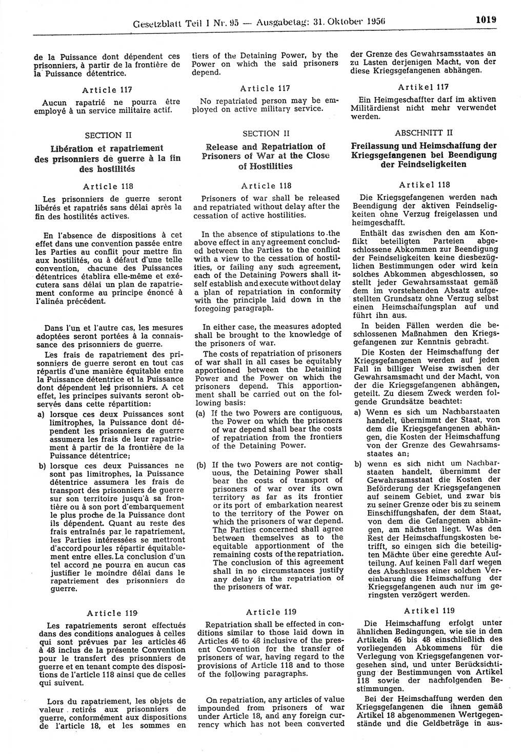 Gesetzblatt (GBl.) der Deutschen Demokratischen Republik (DDR) Teil Ⅰ 1956, Seite 1019 (GBl. DDR Ⅰ 1956, S. 1019)