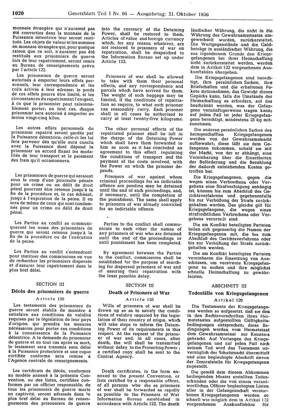 Gesetzblatt (GBl.) der Deutschen Demokratischen Republik (DDR) Teil Ⅰ 1956, Seite 1020 (GBl. DDR Ⅰ 1956, S. 1020)