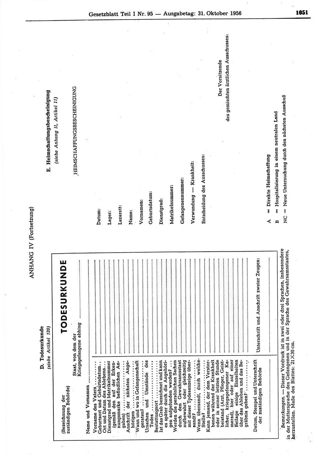 Gesetzblatt (GBl.) der Deutschen Demokratischen Republik (DDR) Teil Ⅰ 1956, Seite 1051 (GBl. DDR Ⅰ 1956, S. 1051)