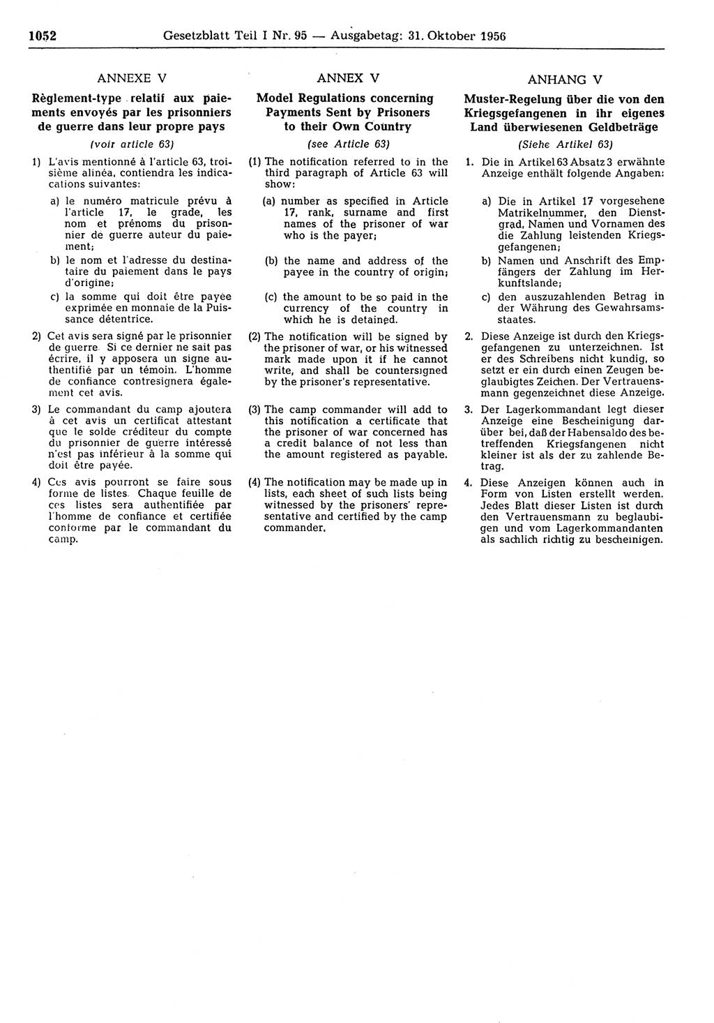 Gesetzblatt (GBl.) der Deutschen Demokratischen Republik (DDR) Teil Ⅰ 1956, Seite 1052 (GBl. DDR Ⅰ 1956, S. 1052)