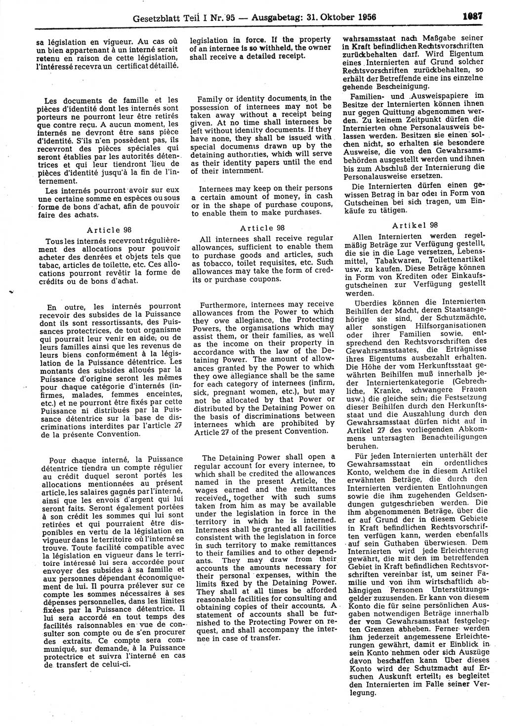 Gesetzblatt (GBl.) der Deutschen Demokratischen Republik (DDR) Teil Ⅰ 1956, Seite 1087 (GBl. DDR Ⅰ 1956, S. 1087)