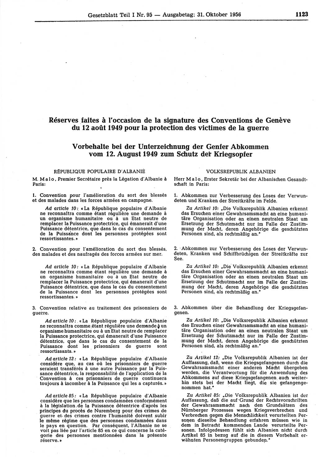 Gesetzblatt (GBl.) der Deutschen Demokratischen Republik (DDR) Teil Ⅰ 1956, Seite 1123 (GBl. DDR Ⅰ 1956, S. 1123)