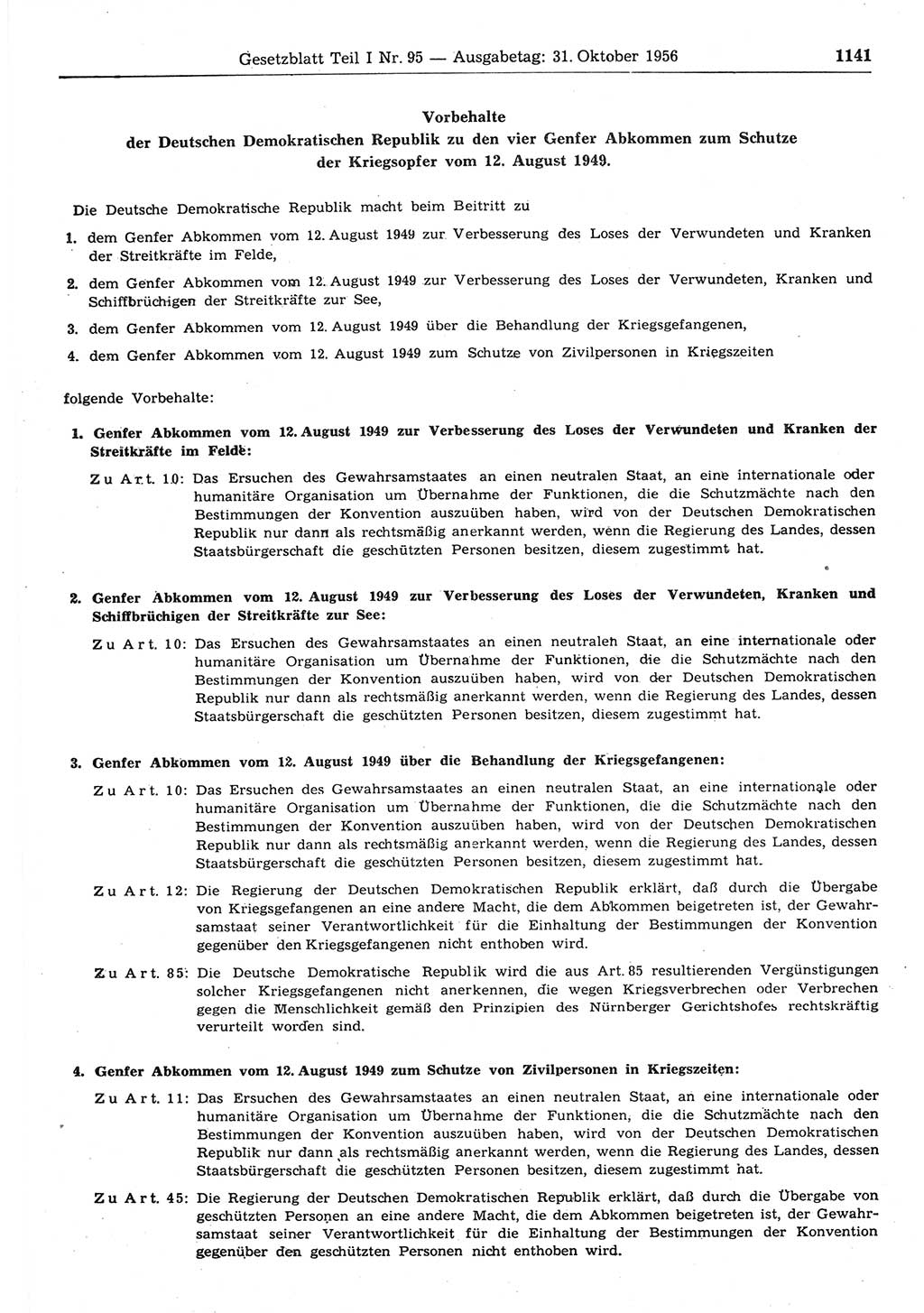 Gesetzblatt (GBl.) der Deutschen Demokratischen Republik (DDR) Teil Ⅰ 1956, Seite 1141 (GBl. DDR Ⅰ 1956, S. 1141)