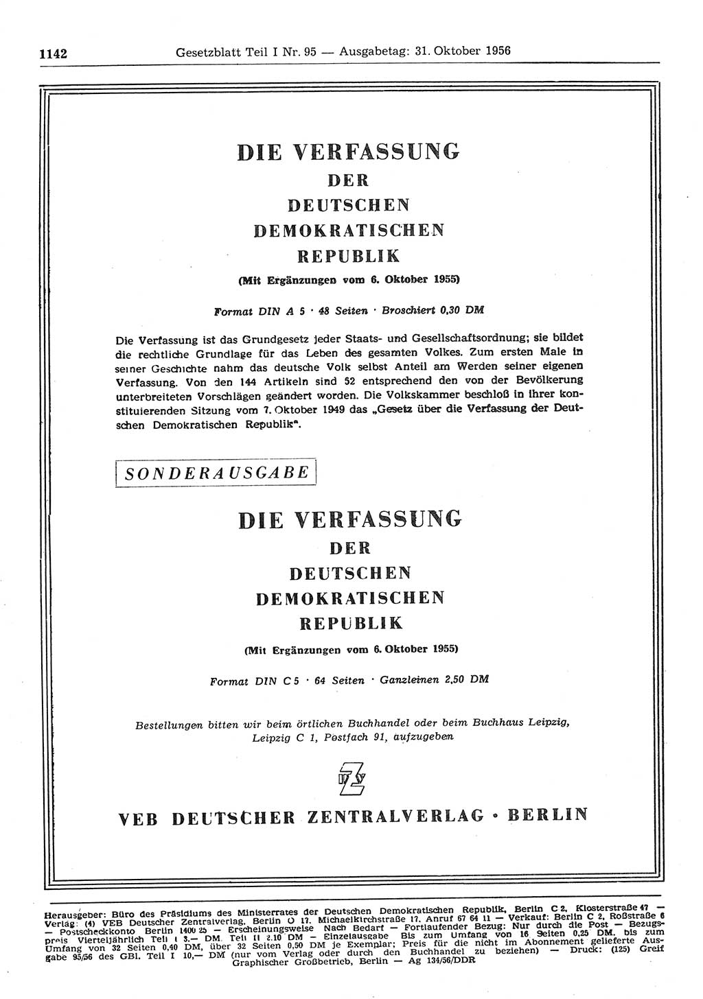 Gesetzblatt (GBl.) der Deutschen Demokratischen Republik (DDR) Teil Ⅰ 1956, Seite 1142 (GBl. DDR Ⅰ 1956, S. 1142)