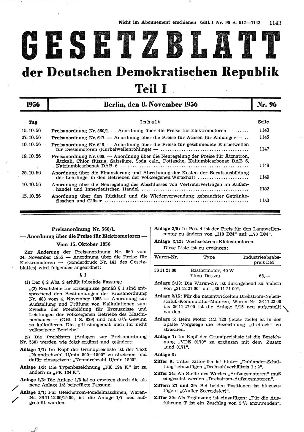 Gesetzblatt (GBl.) der Deutschen Demokratischen Republik (DDR) Teil Ⅰ 1956, Seite 1143 (GBl. DDR Ⅰ 1956, S. 1143)