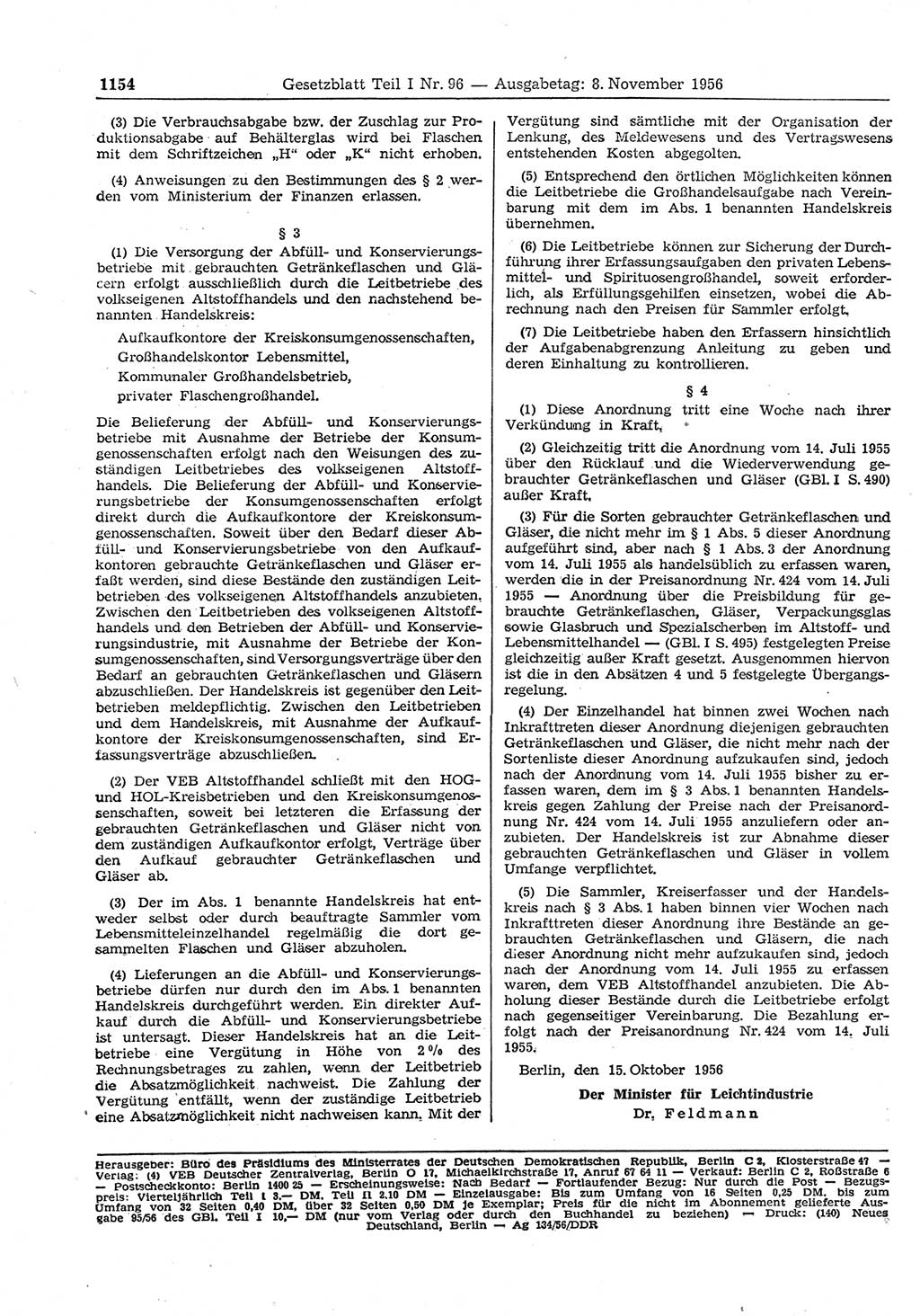 Gesetzblatt (GBl.) der Deutschen Demokratischen Republik (DDR) Teil Ⅰ 1956, Seite 1154 (GBl. DDR Ⅰ 1956, S. 1154)