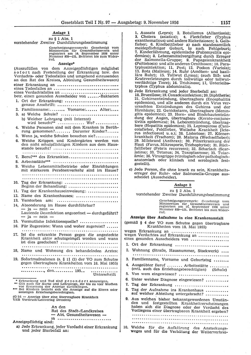 Gesetzblatt (GBl.) der Deutschen Demokratischen Republik (DDR) Teil Ⅰ 1956, Seite 1157 (GBl. DDR Ⅰ 1956, S. 1157)