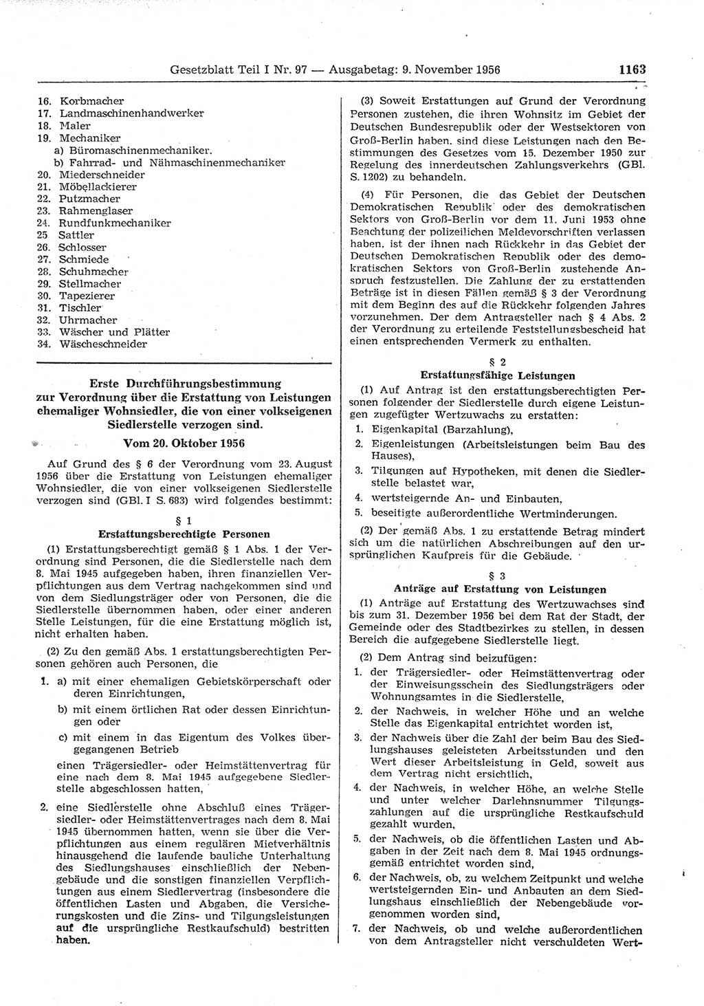 Gesetzblatt (GBl.) der Deutschen Demokratischen Republik (DDR) Teil Ⅰ 1956, Seite 1163 (GBl. DDR Ⅰ 1956, S. 1163)
