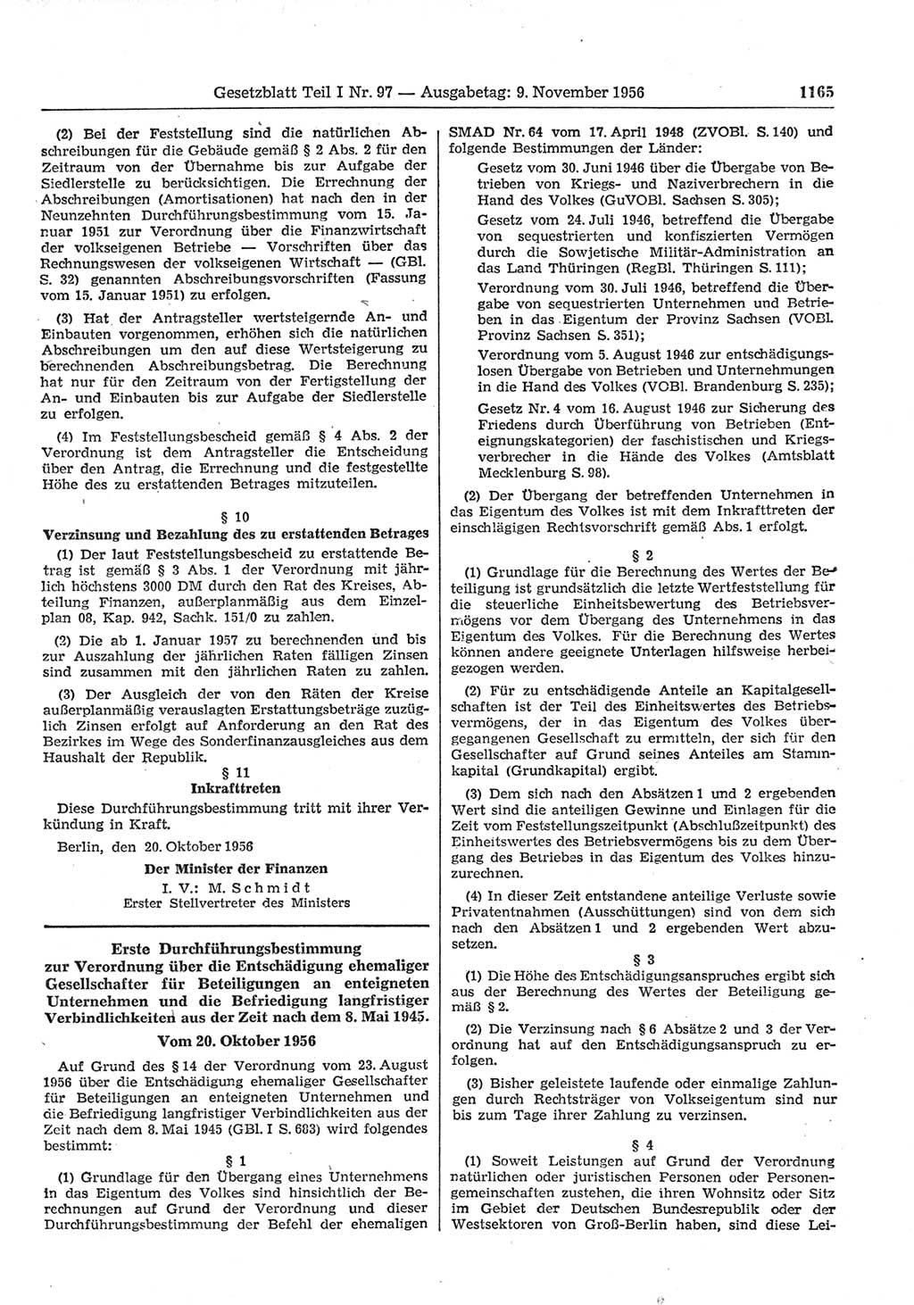 Gesetzblatt (GBl.) der Deutschen Demokratischen Republik (DDR) Teil Ⅰ 1956, Seite 1165 (GBl. DDR Ⅰ 1956, S. 1165)