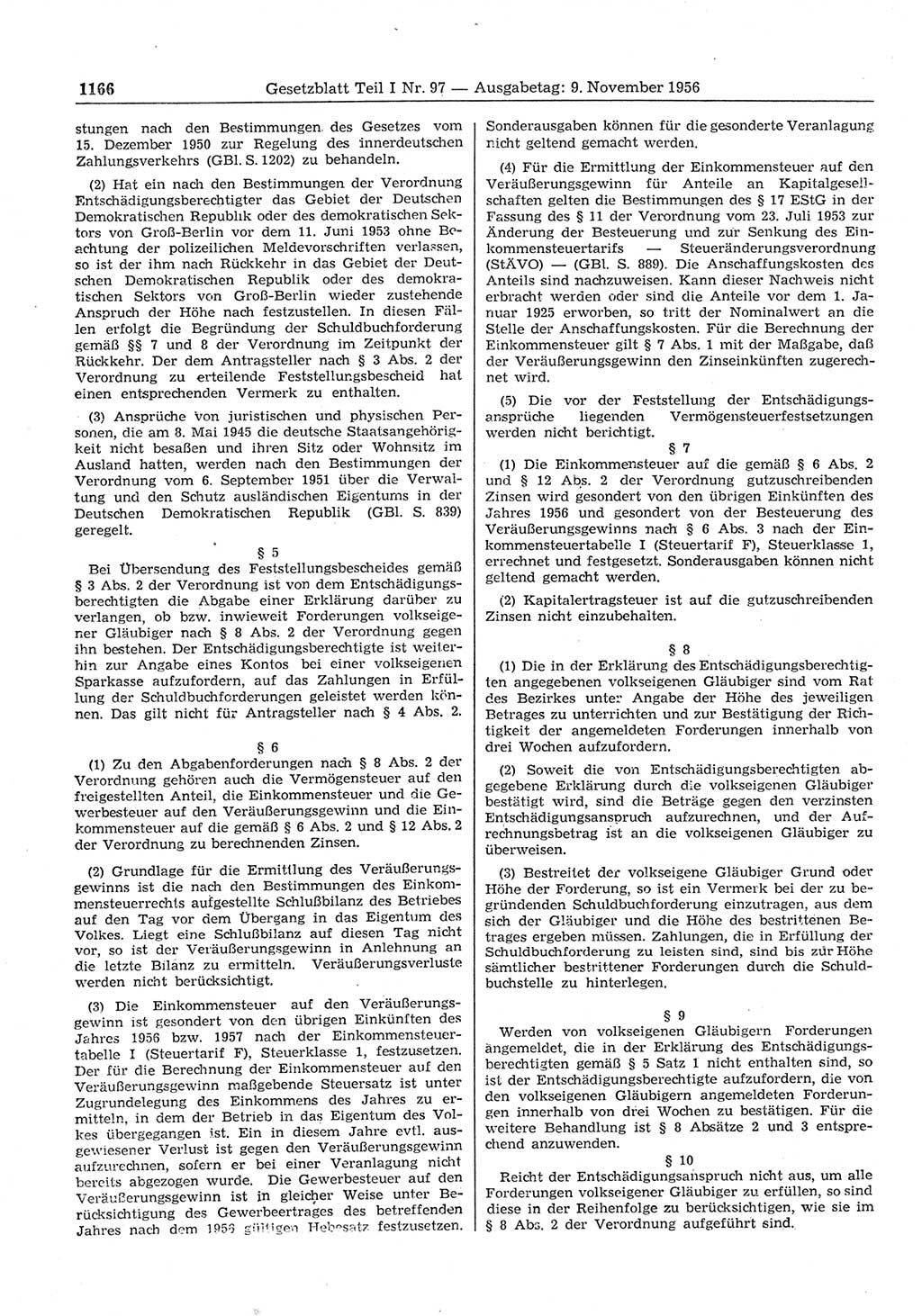 Gesetzblatt (GBl.) der Deutschen Demokratischen Republik (DDR) Teil Ⅰ 1956, Seite 1166 (GBl. DDR Ⅰ 1956, S. 1166)
