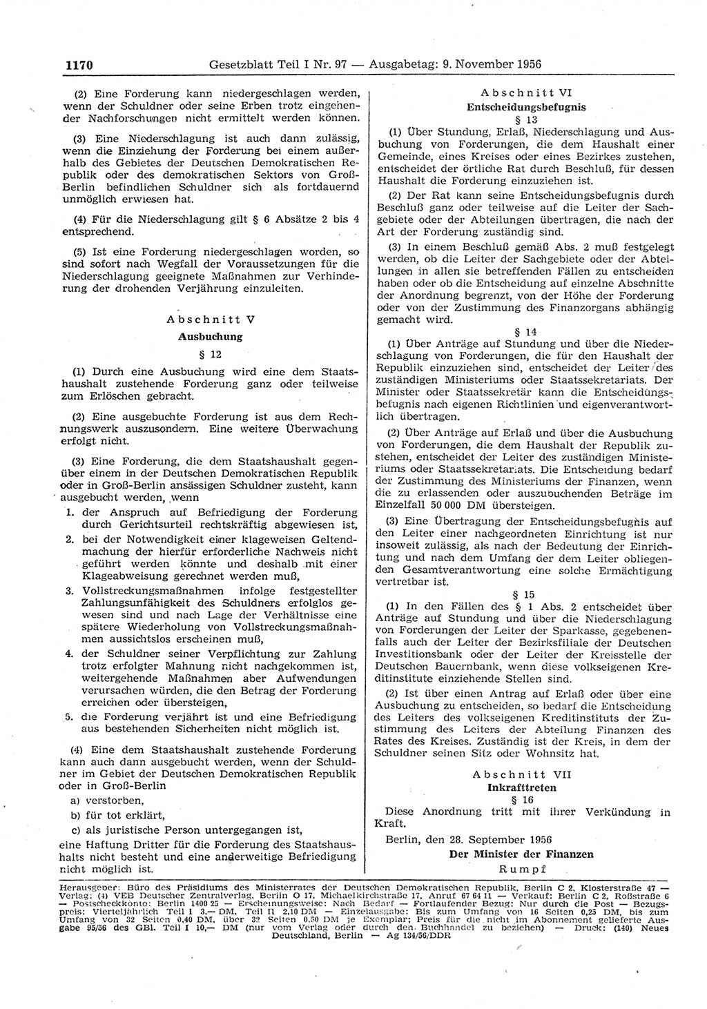 Gesetzblatt (GBl.) der Deutschen Demokratischen Republik (DDR) Teil Ⅰ 1956, Seite 1170 (GBl. DDR Ⅰ 1956, S. 1170)