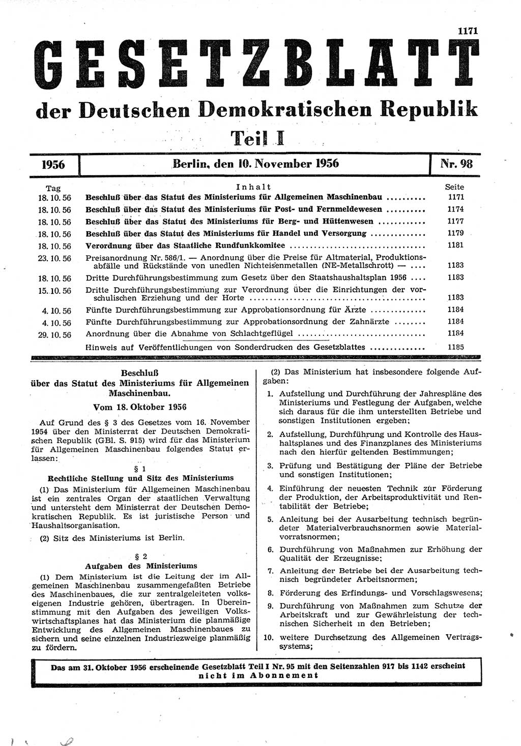 Gesetzblatt (GBl.) der Deutschen Demokratischen Republik (DDR) Teil Ⅰ 1956, Seite 1171 (GBl. DDR Ⅰ 1956, S. 1171)