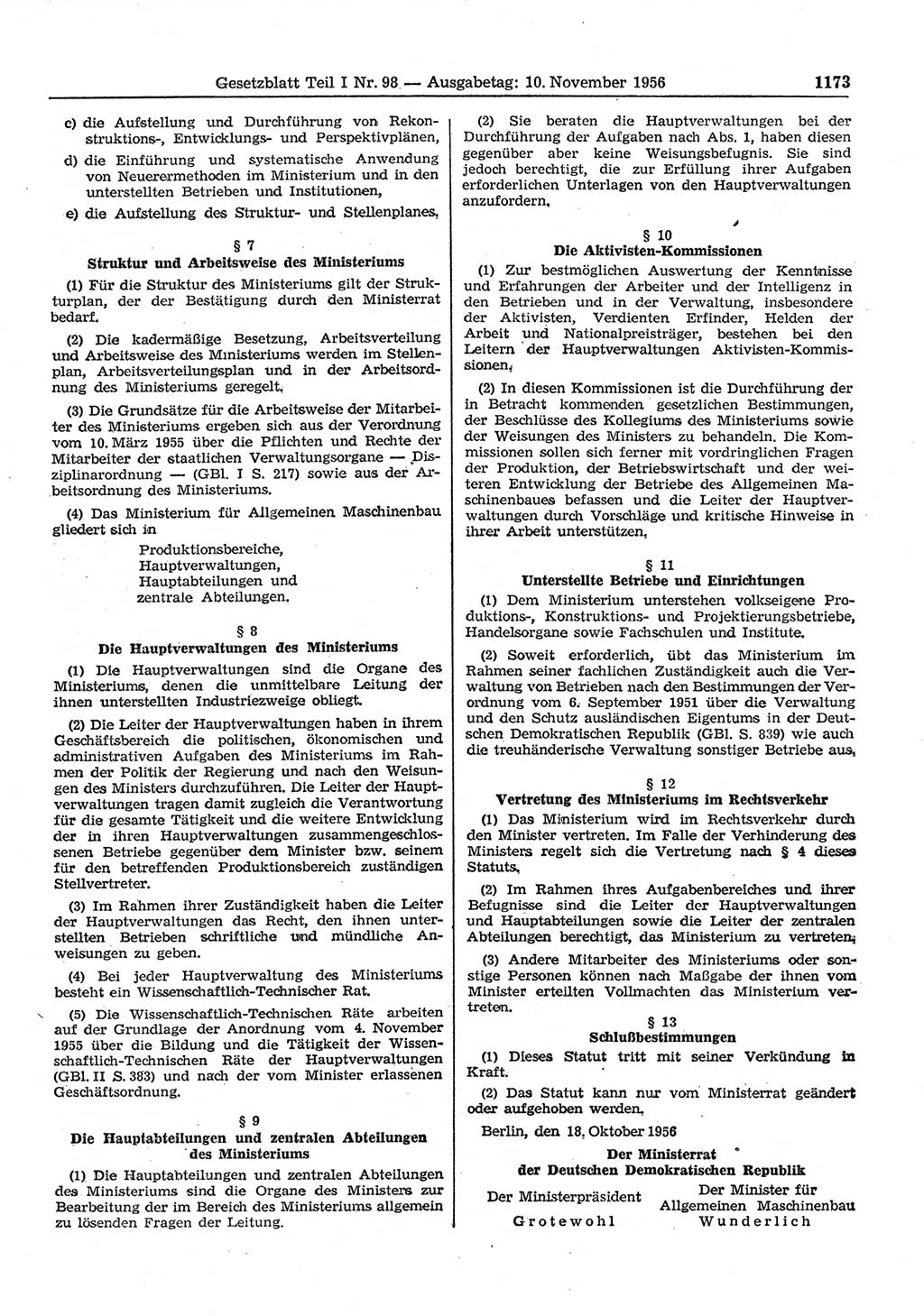 Gesetzblatt (GBl.) der Deutschen Demokratischen Republik (DDR) Teil Ⅰ 1956, Seite 1173 (GBl. DDR Ⅰ 1956, S. 1173)