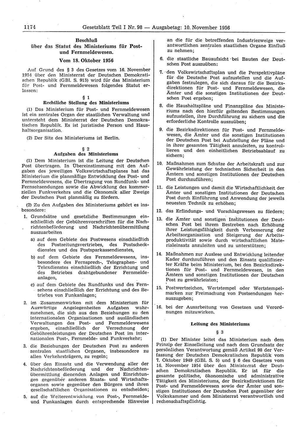Gesetzblatt (GBl.) der Deutschen Demokratischen Republik (DDR) Teil Ⅰ 1956, Seite 1174 (GBl. DDR Ⅰ 1956, S. 1174)