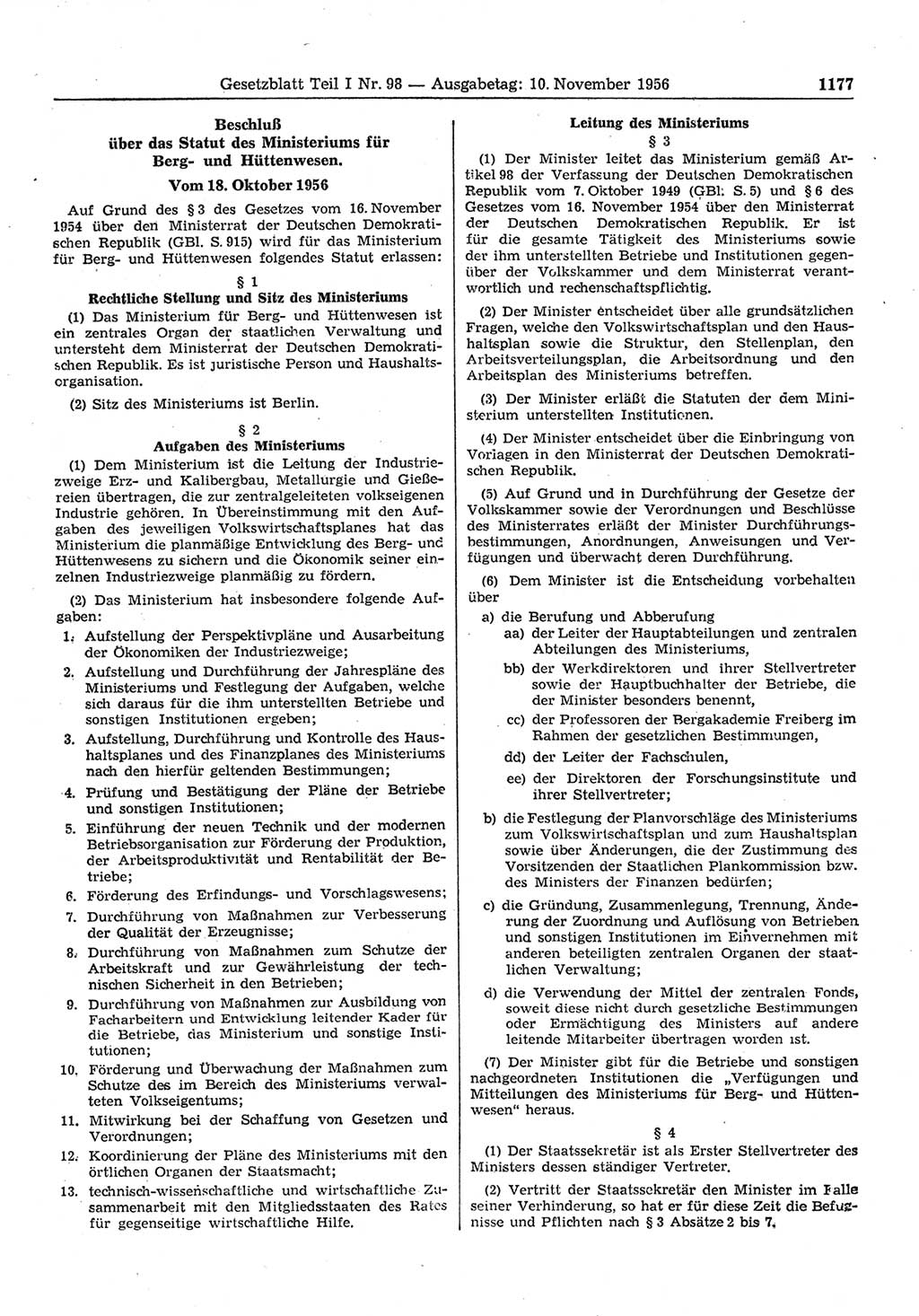 Gesetzblatt (GBl.) der Deutschen Demokratischen Republik (DDR) Teil Ⅰ 1956, Seite 1177 (GBl. DDR Ⅰ 1956, S. 1177)