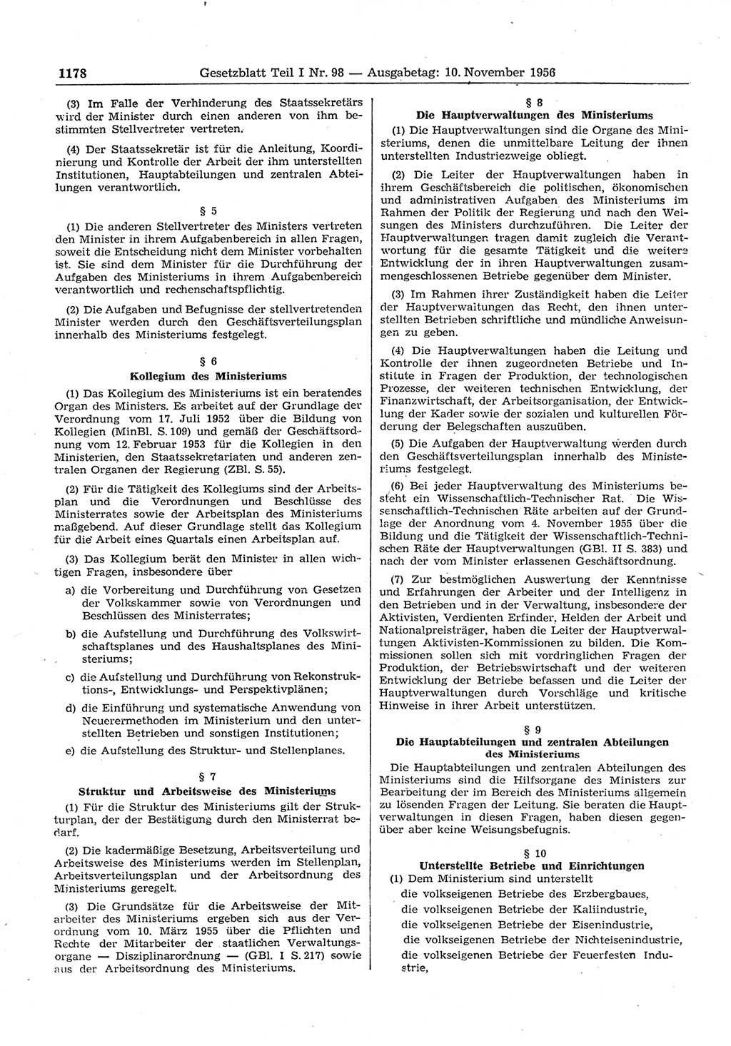 Gesetzblatt (GBl.) der Deutschen Demokratischen Republik (DDR) Teil Ⅰ 1956, Seite 1178 (GBl. DDR Ⅰ 1956, S. 1178)