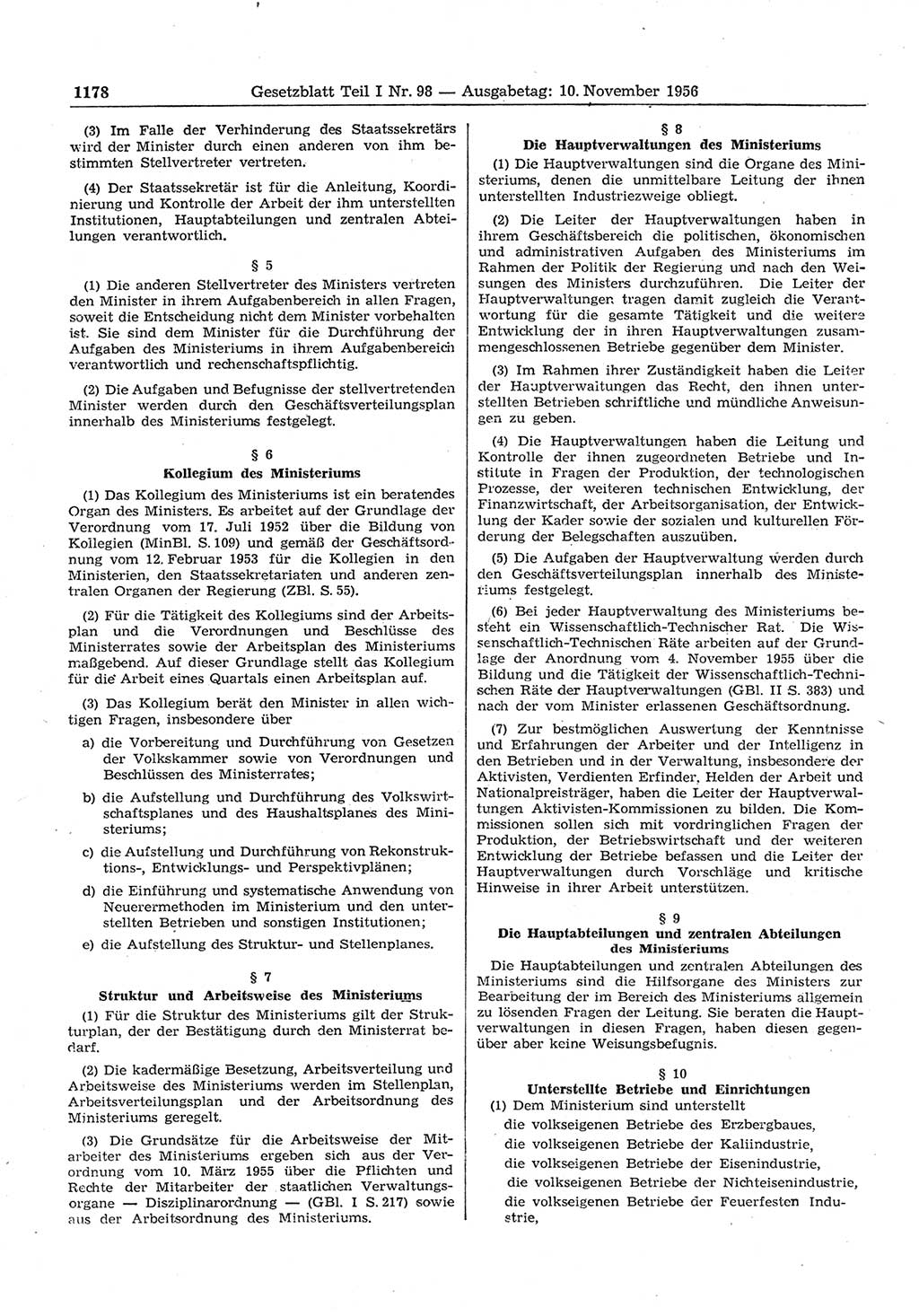 Gesetzblatt (GBl.) der Deutschen Demokratischen Republik (DDR) Teil Ⅰ 1956, Seite 1178 (GBl. DDR Ⅰ 1956, S. 1178)
