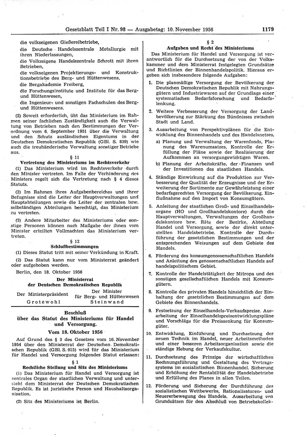 Gesetzblatt (GBl.) der Deutschen Demokratischen Republik (DDR) Teil Ⅰ 1956, Seite 1179 (GBl. DDR Ⅰ 1956, S. 1179)