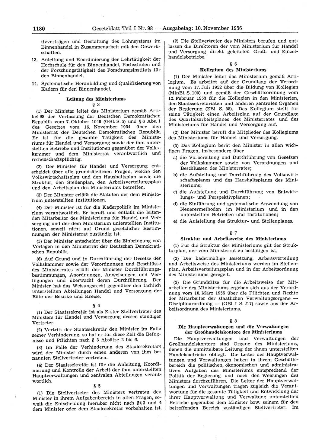 Gesetzblatt (GBl.) der Deutschen Demokratischen Republik (DDR) Teil Ⅰ 1956, Seite 1180 (GBl. DDR Ⅰ 1956, S. 1180)