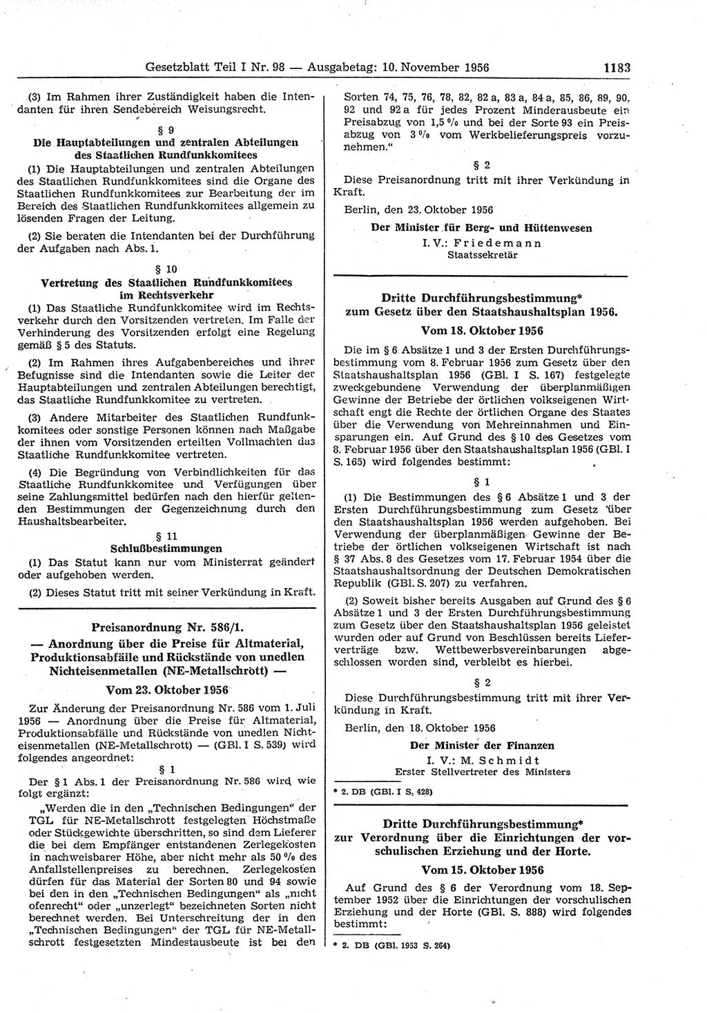 Gesetzblatt (GBl.) der Deutschen Demokratischen Republik (DDR) Teil Ⅰ 1956, Seite 1183 (GBl. DDR Ⅰ 1956, S. 1183)