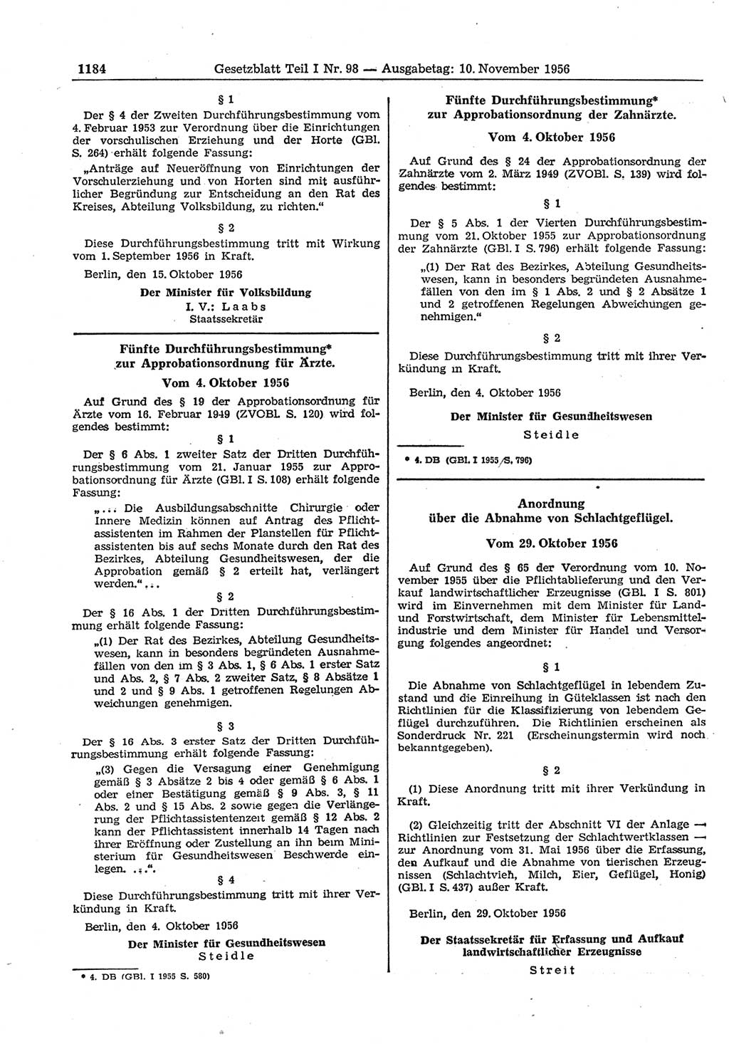 Gesetzblatt (GBl.) der Deutschen Demokratischen Republik (DDR) Teil Ⅰ 1956, Seite 1184 (GBl. DDR Ⅰ 1956, S. 1184)