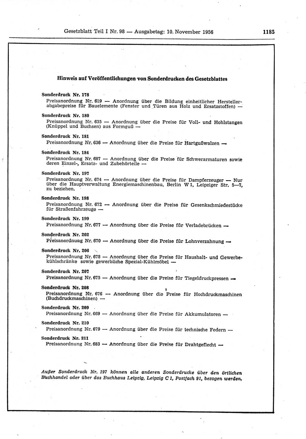 Gesetzblatt (GBl.) der Deutschen Demokratischen Republik (DDR) Teil Ⅰ 1956, Seite 1185 (GBl. DDR Ⅰ 1956, S. 1185)