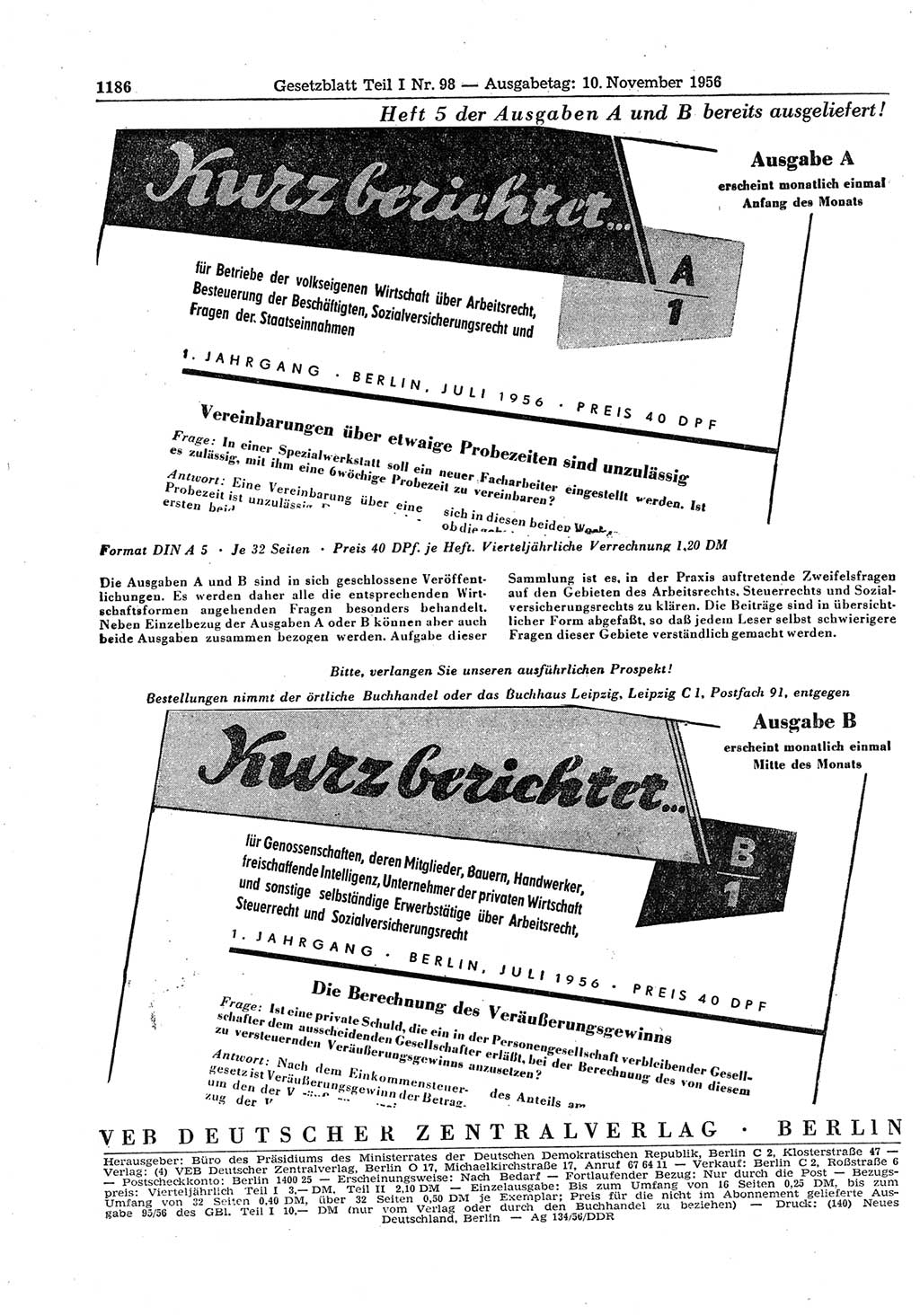 Gesetzblatt (GBl.) der Deutschen Demokratischen Republik (DDR) Teil Ⅰ 1956, Seite 1186 (GBl. DDR Ⅰ 1956, S. 1186)