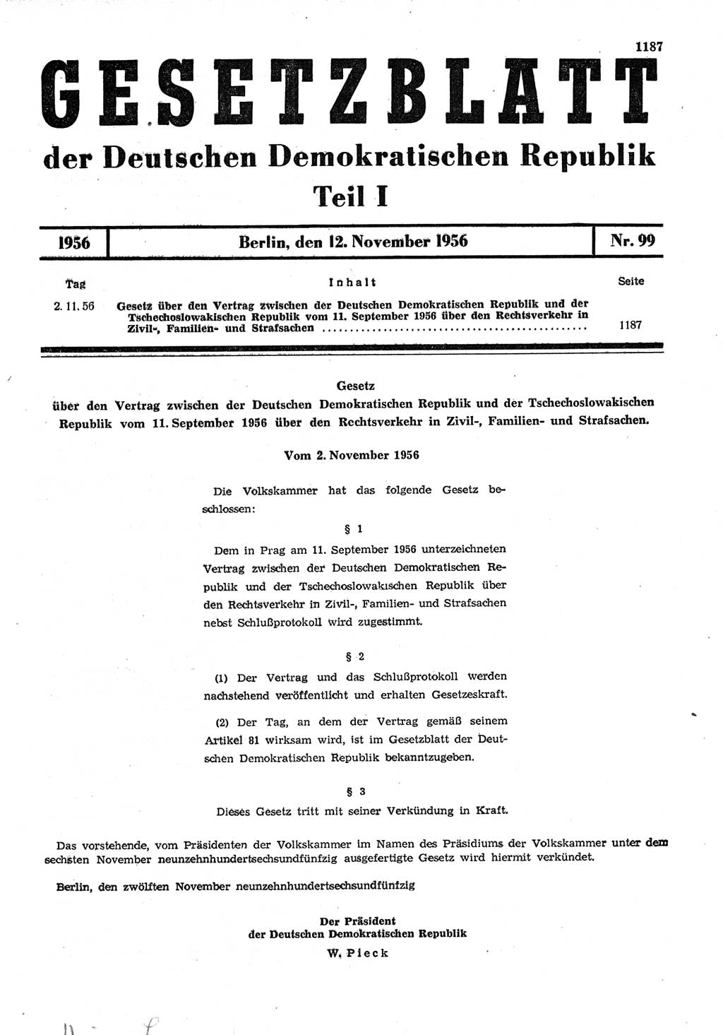 Gesetzblatt (GBl.) der Deutschen Demokratischen Republik (DDR) Teil Ⅰ 1956, Seite 1187 (GBl. DDR Ⅰ 1956, S. 1187)