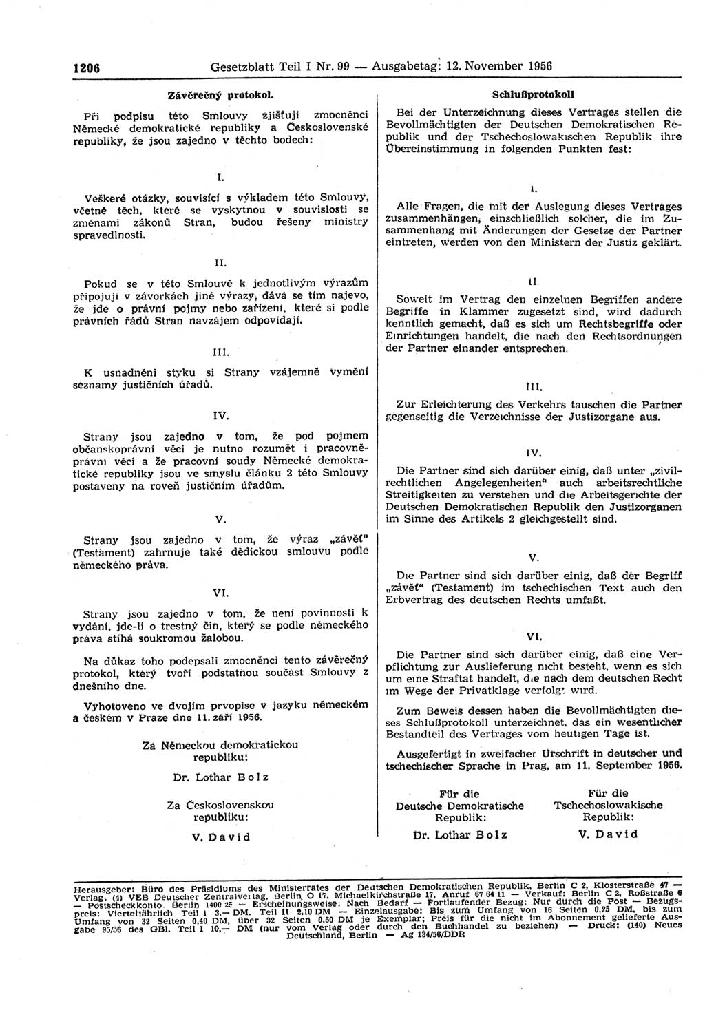 Gesetzblatt (GBl.) der Deutschen Demokratischen Republik (DDR) Teil Ⅰ 1956, Seite 1206 (GBl. DDR Ⅰ 1956, S. 1206)