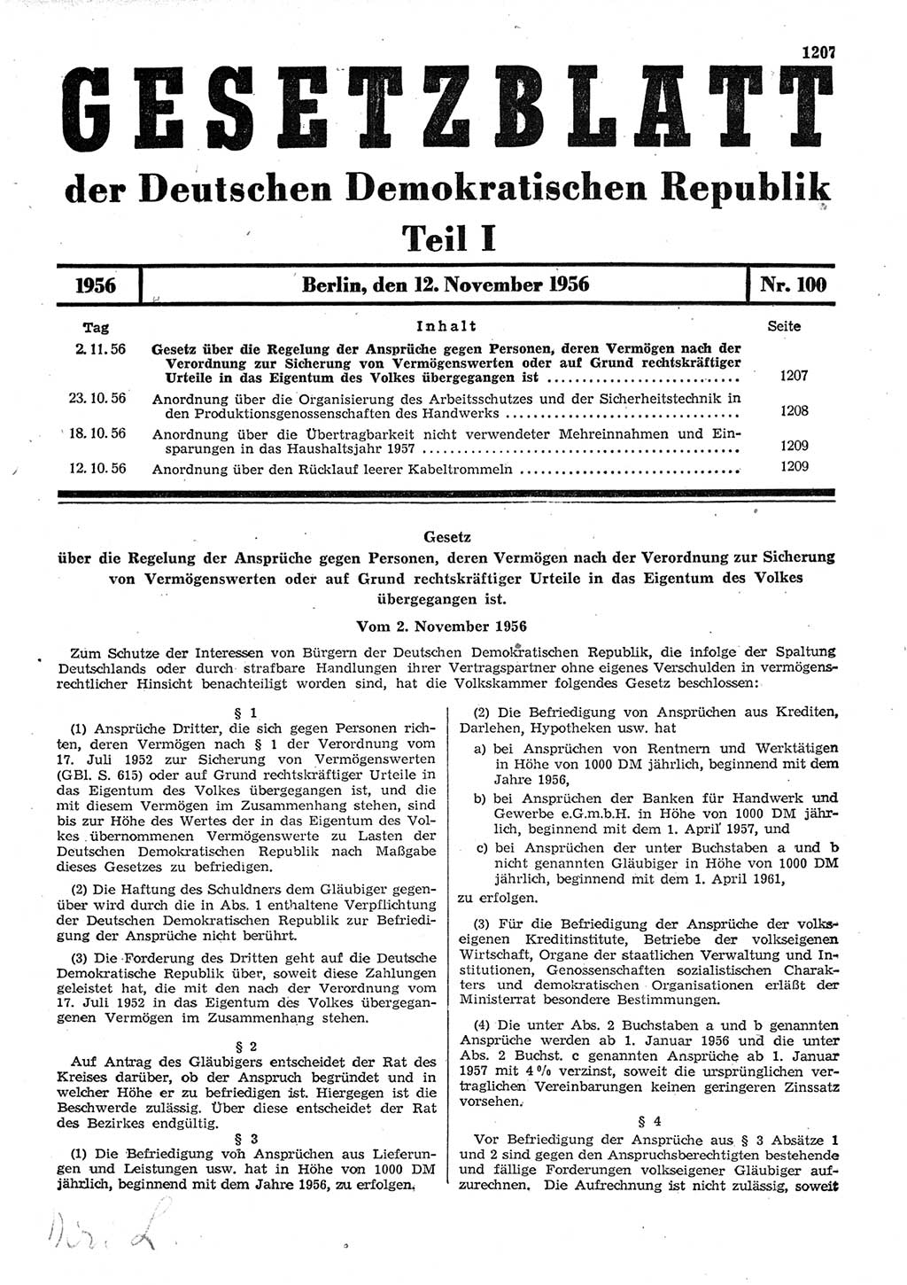 Gesetzblatt (GBl.) der Deutschen Demokratischen Republik (DDR) Teil Ⅰ 1956, Seite 1207 (GBl. DDR Ⅰ 1956, S. 1207)