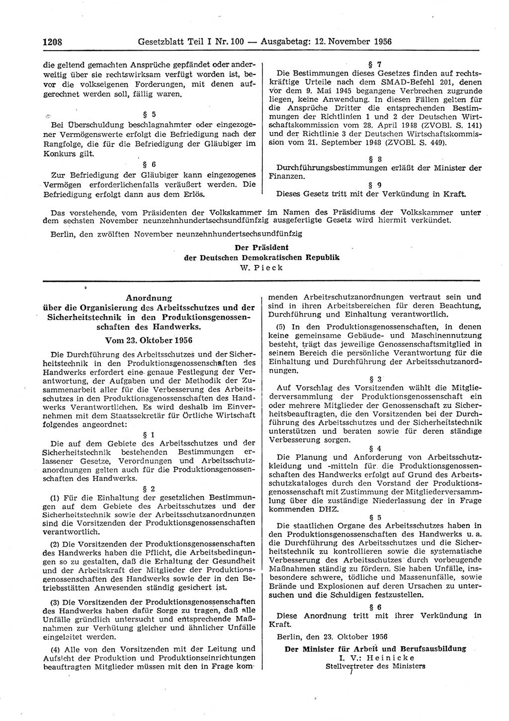 Gesetzblatt (GBl.) der Deutschen Demokratischen Republik (DDR) Teil Ⅰ 1956, Seite 1208 (GBl. DDR Ⅰ 1956, S. 1208)