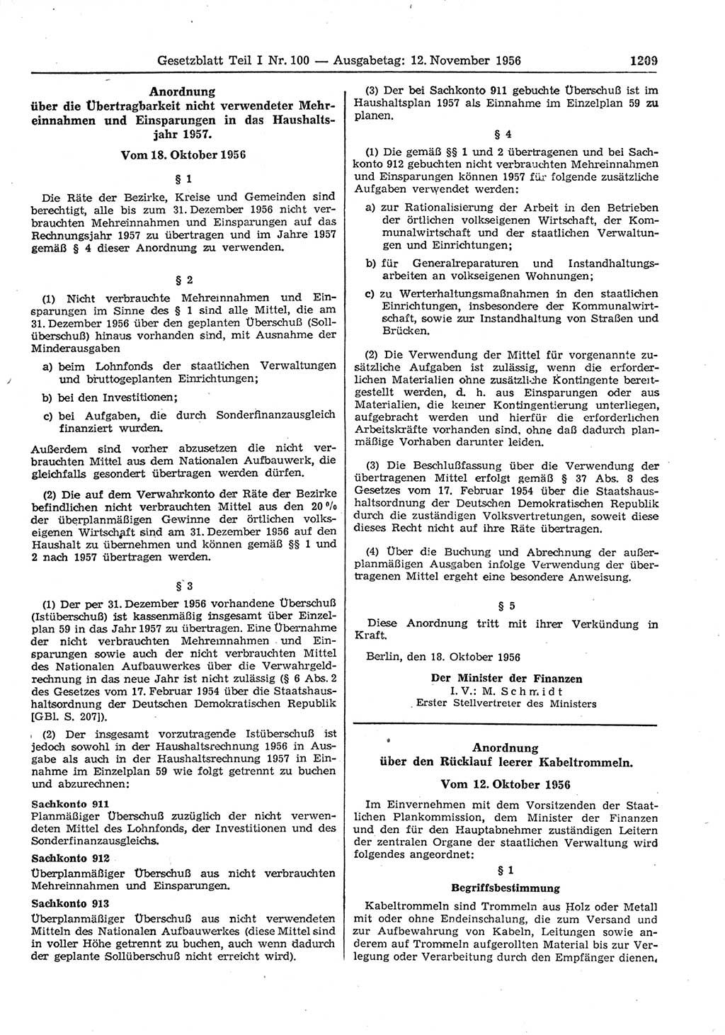 Gesetzblatt (GBl.) der Deutschen Demokratischen Republik (DDR) Teil Ⅰ 1956, Seite 1209 (GBl. DDR Ⅰ 1956, S. 1209)
