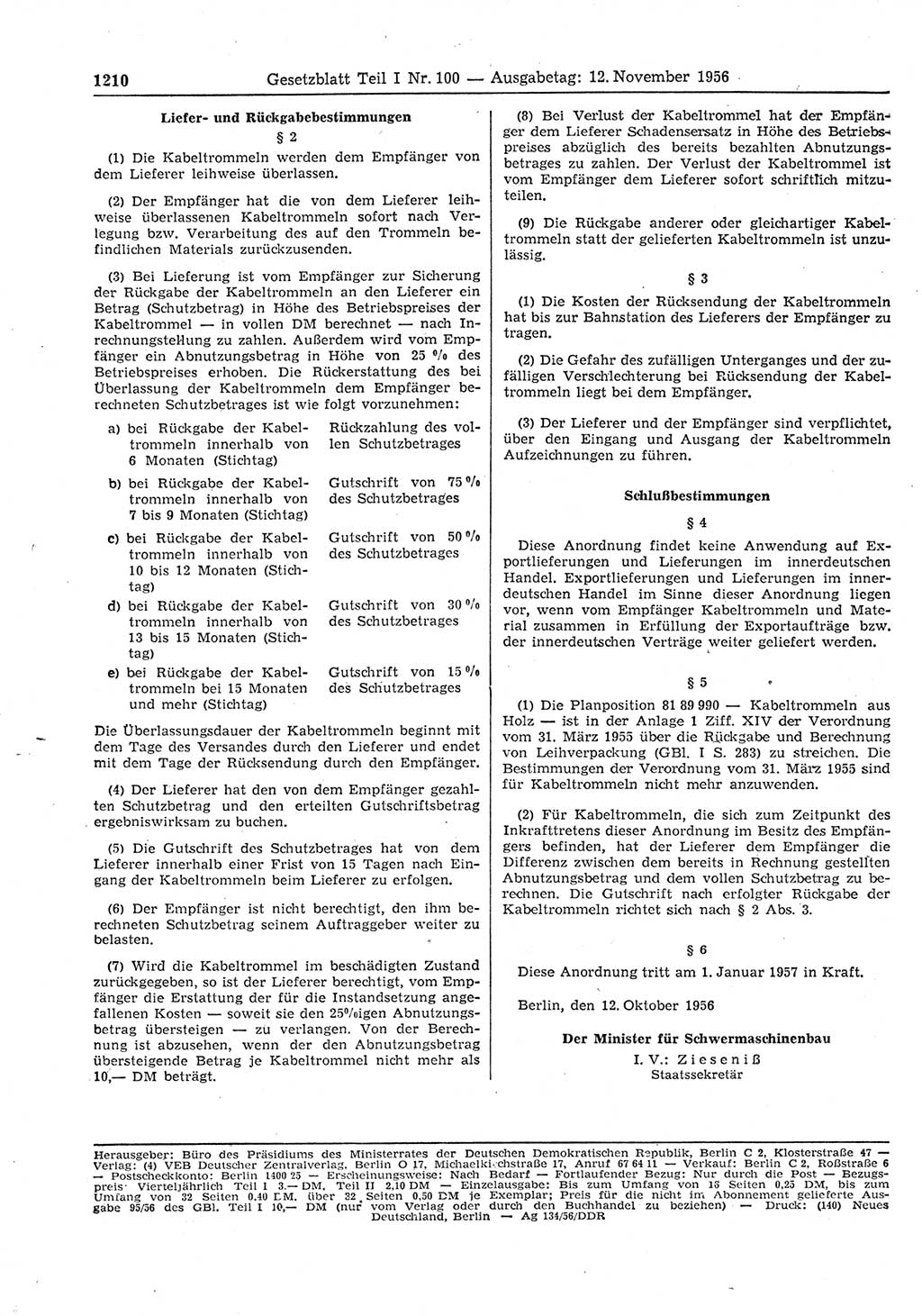 Gesetzblatt (GBl.) der Deutschen Demokratischen Republik (DDR) Teil Ⅰ 1956, Seite 1210 (GBl. DDR Ⅰ 1956, S. 1210)