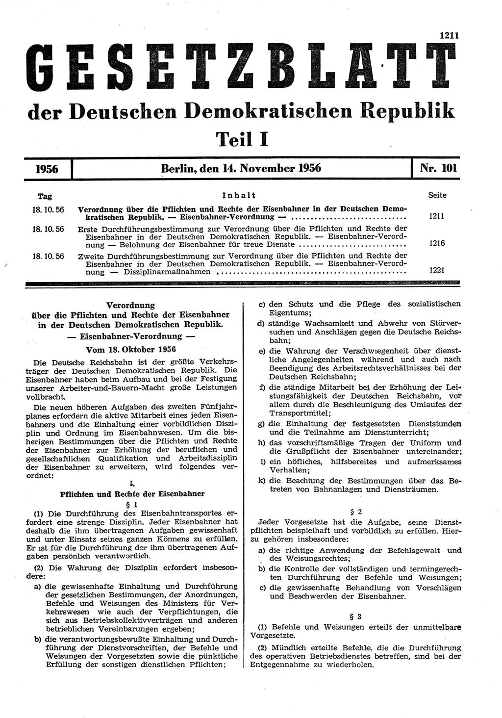 Gesetzblatt (GBl.) der Deutschen Demokratischen Republik (DDR) Teil Ⅰ 1956, Seite 1211 (GBl. DDR Ⅰ 1956, S. 1211)