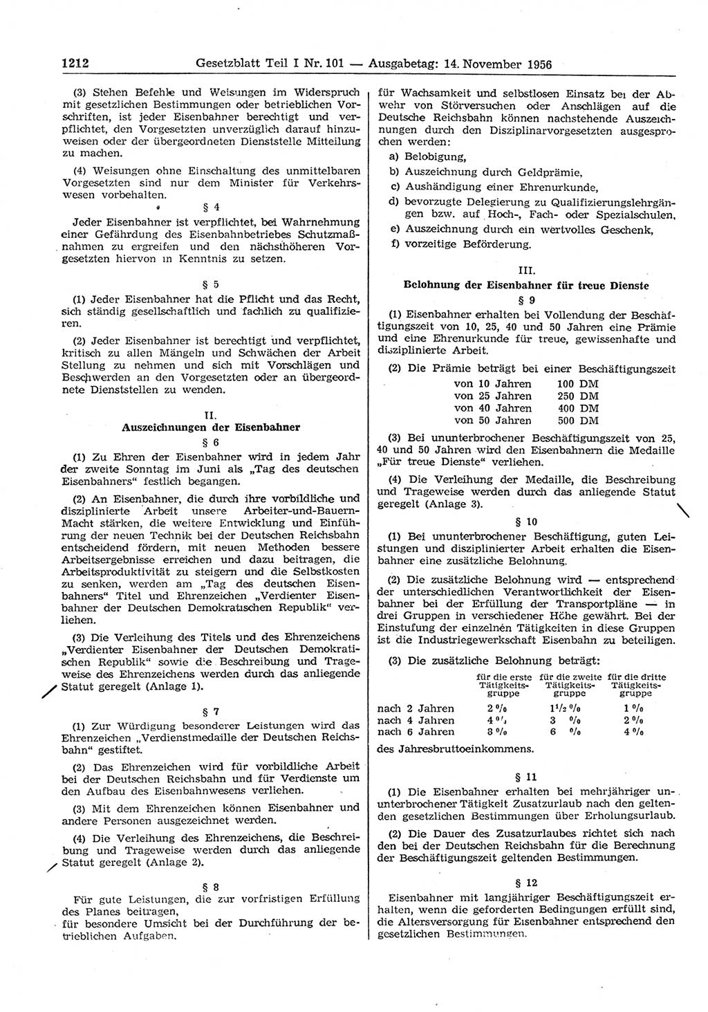 Gesetzblatt (GBl.) der Deutschen Demokratischen Republik (DDR) Teil Ⅰ 1956, Seite 1212 (GBl. DDR Ⅰ 1956, S. 1212)