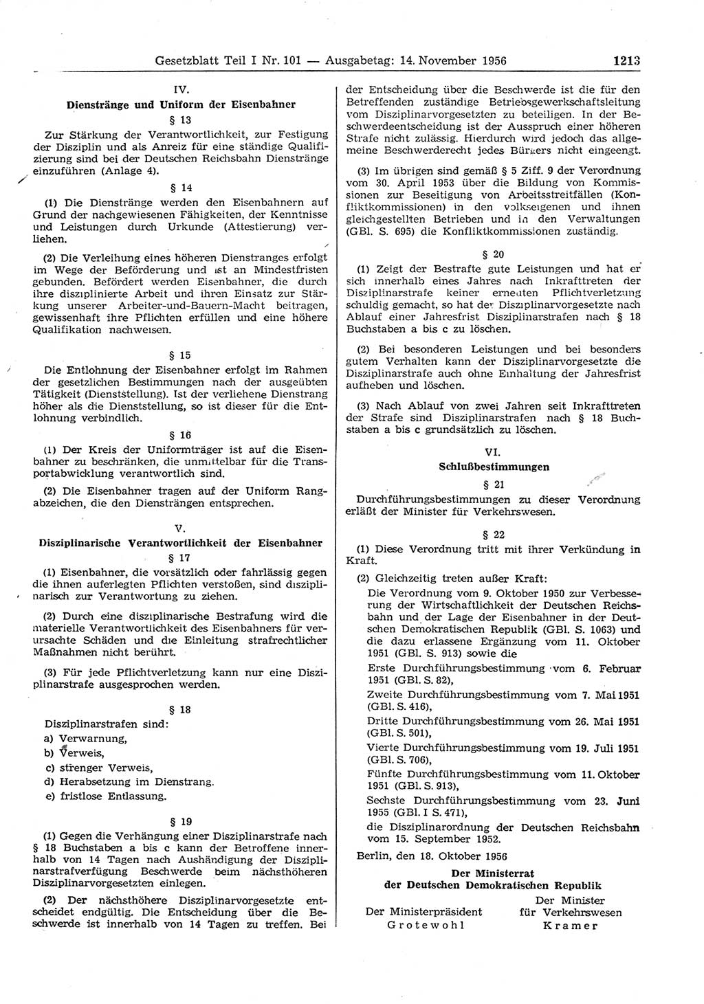 Gesetzblatt (GBl.) der Deutschen Demokratischen Republik (DDR) Teil Ⅰ 1956, Seite 1213 (GBl. DDR Ⅰ 1956, S. 1213)