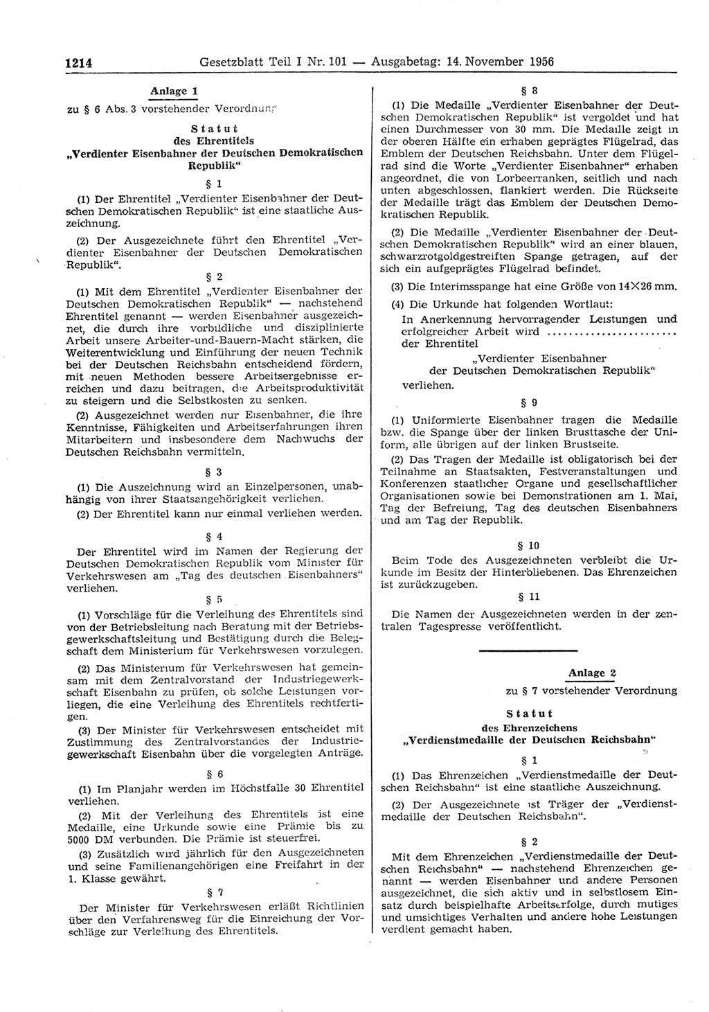 Gesetzblatt (GBl.) der Deutschen Demokratischen Republik (DDR) Teil Ⅰ 1956, Seite 1214 (GBl. DDR Ⅰ 1956, S. 1214)