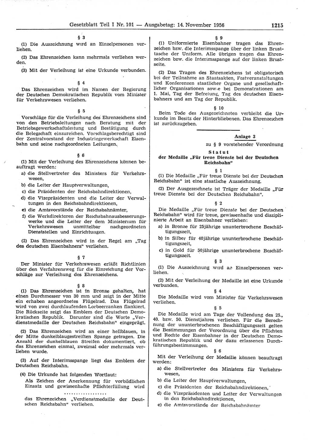 Gesetzblatt (GBl.) der Deutschen Demokratischen Republik (DDR) Teil Ⅰ 1956, Seite 1215 (GBl. DDR Ⅰ 1956, S. 1215)