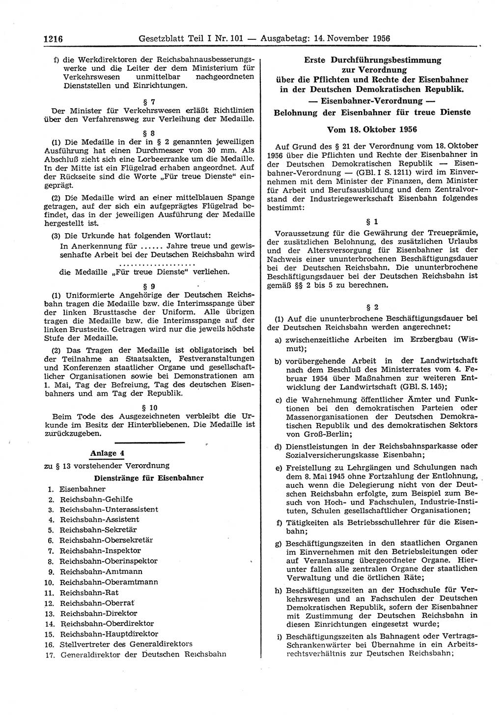 Gesetzblatt (GBl.) der Deutschen Demokratischen Republik (DDR) Teil Ⅰ 1956, Seite 1216 (GBl. DDR Ⅰ 1956, S. 1216)