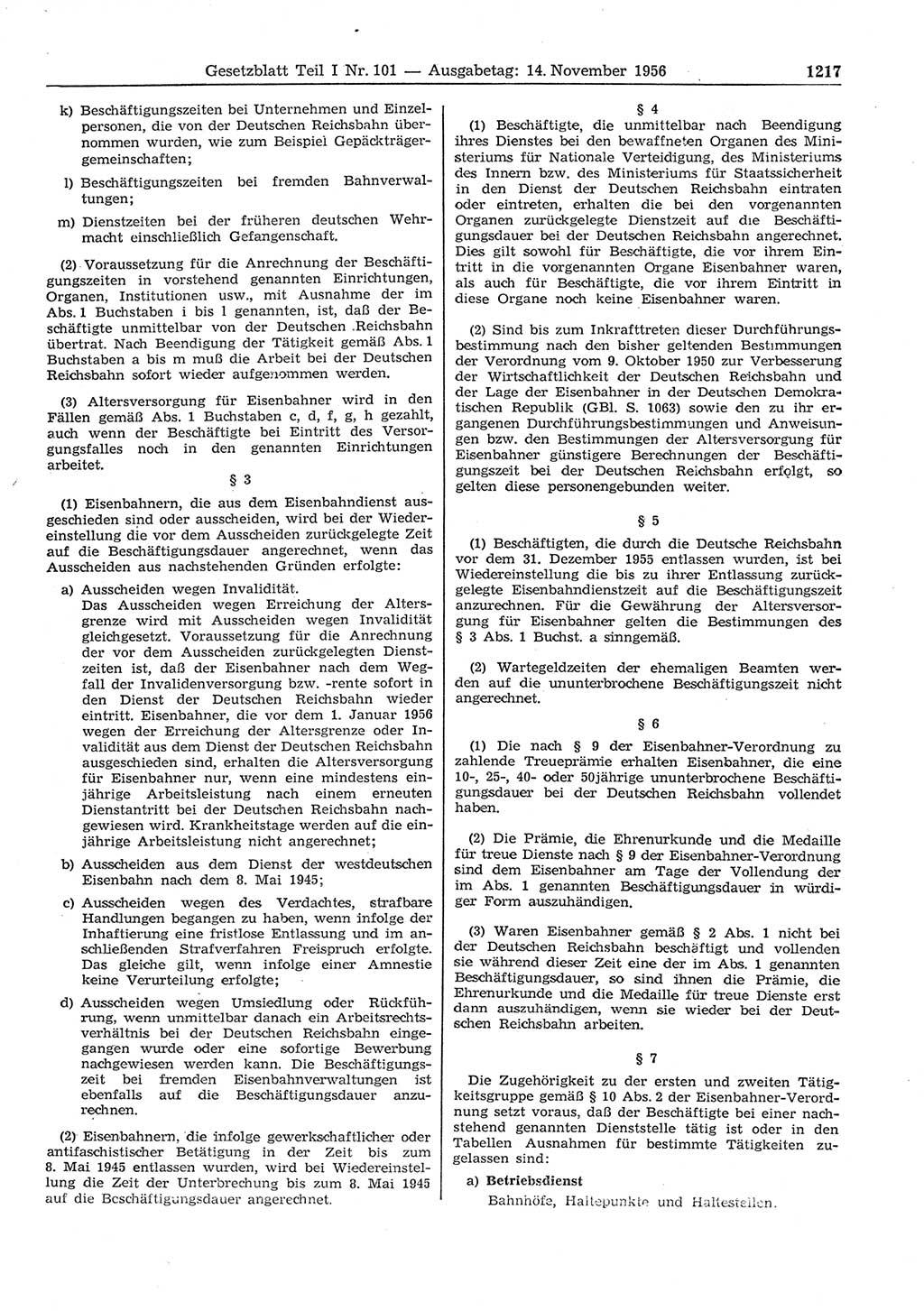 Gesetzblatt (GBl.) der Deutschen Demokratischen Republik (DDR) Teil Ⅰ 1956, Seite 1217 (GBl. DDR Ⅰ 1956, S. 1217)
