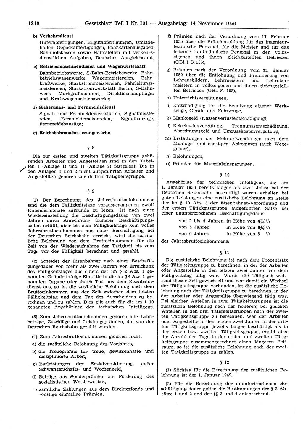Gesetzblatt (GBl.) der Deutschen Demokratischen Republik (DDR) Teil Ⅰ 1956, Seite 1218 (GBl. DDR Ⅰ 1956, S. 1218)