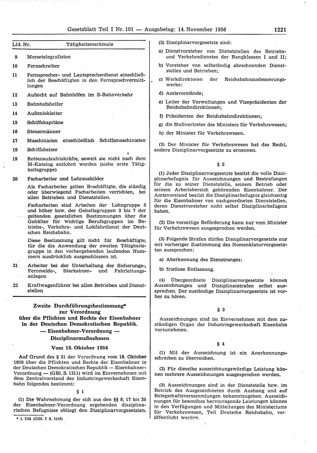Gesetzblatt (GBl.) der Deutschen Demokratischen Republik (DDR) Teil Ⅰ 1956, Seite 1221 (GBl. DDR Ⅰ 1956, S. 1221)