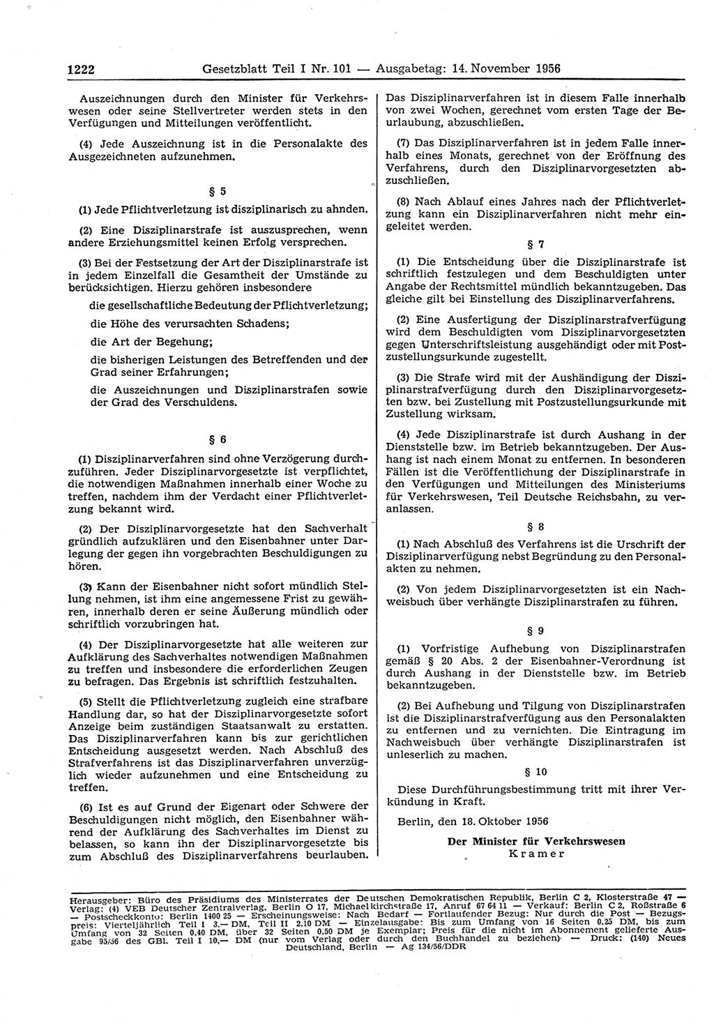 Gesetzblatt (GBl.) der Deutschen Demokratischen Republik (DDR) Teil Ⅰ 1956, Seite 1222 (GBl. DDR Ⅰ 1956, S. 1222)