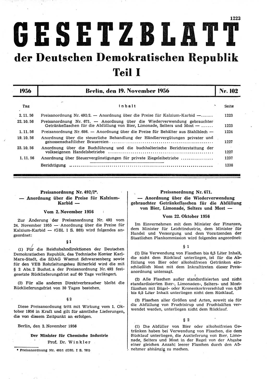 Gesetzblatt (GBl.) der Deutschen Demokratischen Republik (DDR) Teil Ⅰ 1956, Seite 1223 (GBl. DDR Ⅰ 1956, S. 1223)