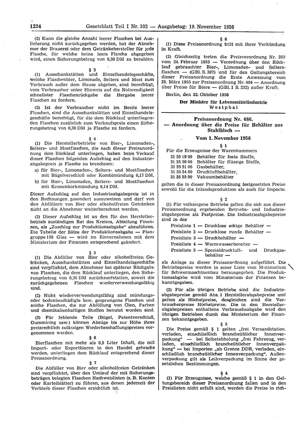 Gesetzblatt (GBl.) der Deutschen Demokratischen Republik (DDR) Teil Ⅰ 1956, Seite 1224 (GBl. DDR Ⅰ 1956, S. 1224)