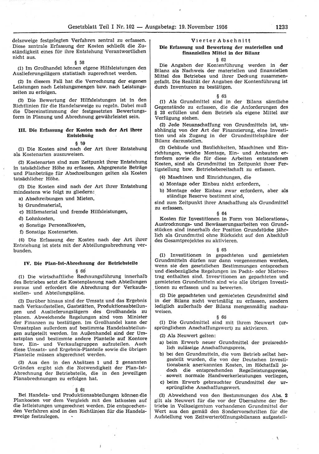Gesetzblatt (GBl.) der Deutschen Demokratischen Republik (DDR) Teil Ⅰ 1956, Seite 1233 (GBl. DDR Ⅰ 1956, S. 1233)